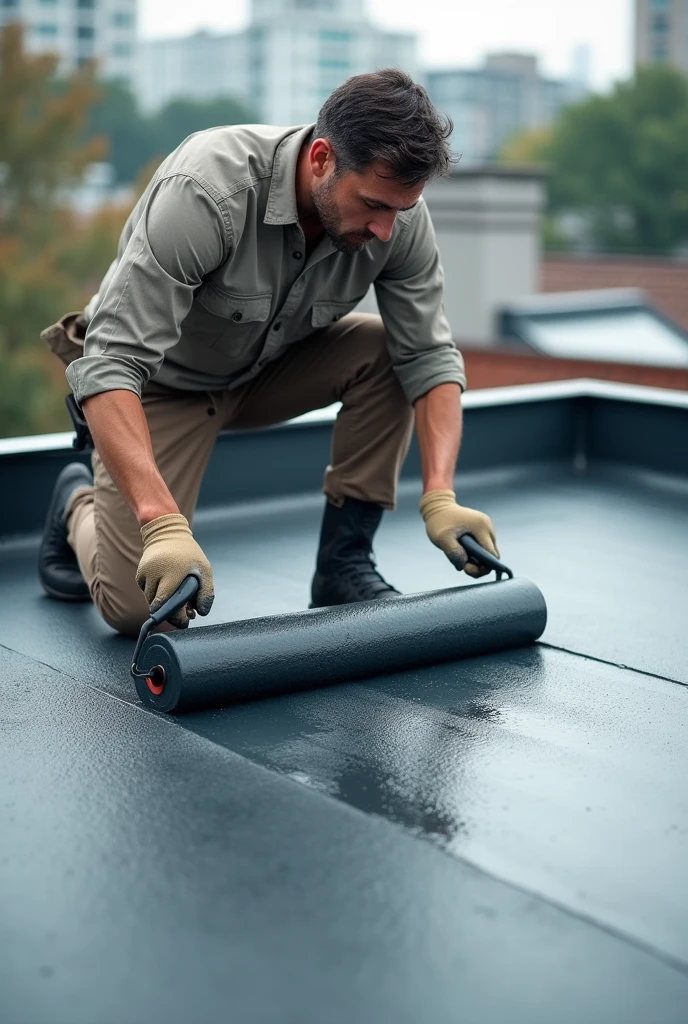 A man installing liquid elastomeric waterproofing sheet on a roof without a work helmet