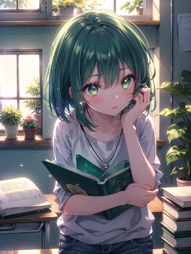 ((8k, Best Quality, Masterpiece: 1.3)), Ultra High Resolution, (One Girl, Alone), (Color Changing Eyes, Super Detailed, Expressive Sparkle, Sparkling, Glowing Eyes), Highly detailed eyes, A girl with a short purple bob cut and emerald green eyes that shine seriously is studying at her desk at home. She is wearing a casual white tank top and light blue jeans, giving her a simple yet sexy impression. In the background of the room, there is a white wall and a wooden desk, textbooks and notebooks are lined up on the desk, and simple storage boxes and potted plants are on the shelves. Natural light from the window shines brightly on the desk, making her emerald green eyes look vivid. She is concentrating on her notes and occasionally looks at the camera, and the angle is from in front of the desk, highlighting her serious expression and emerald green eyes.