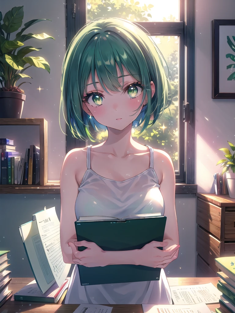 ((8k, Best Quality, Masterpiece: 1.3)), Ultra High Resolution, (One Girl, Alone), (Color Changing Eyes, Super Detailed, Expressive Sparkle, Sparkling, Glowing Eyes), Highly detailed eyes, A girl with a short purple bob cut and emerald green eyes that shine seriously is studying at her desk at home. She is wearing a casual white tank top and light blue jeans, giving her a simple yet sexy impression. In the background of the room, there is a white wall and a wooden desk, textbooks and notebooks are lined up on the desk, and simple storage boxes and potted plants are on the shelves. Natural light from the window shines brightly on the desk, making her emerald green eyes look vivid. She is concentrating on her notes and occasionally looks at the camera, and the angle is from in front of the desk, highlighting her serious expression and emerald green eyes.