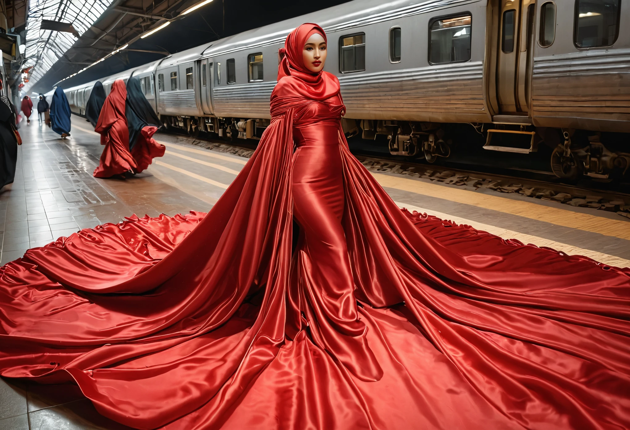 A woman shrouded in a 9-meter-long, plush red satin cloth, tightly bound and grandly draping along the form of her body, flowing off into a pooled floor-length train, styled in a mermaid-inspired outfit with ballon sleeve, her head modestly veiled in a satin hijab, 175 height woman, walk in wet traditional market, a full-body pose conveying a sense of elegance, captured in a 4k resolution, ultra-realistic