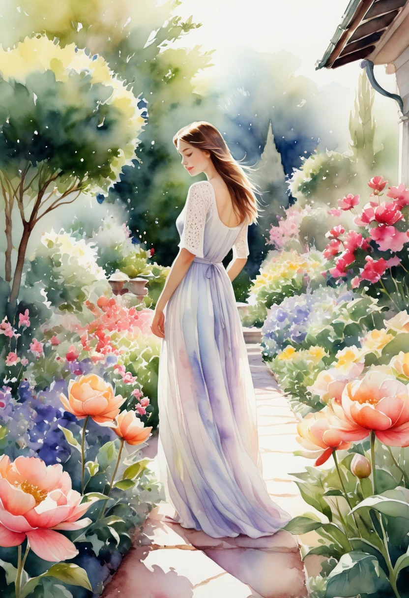 A gentle watercolor image of a garden in full bloom, with vibrant flowers and a sense of peace and relaxation. not woman.