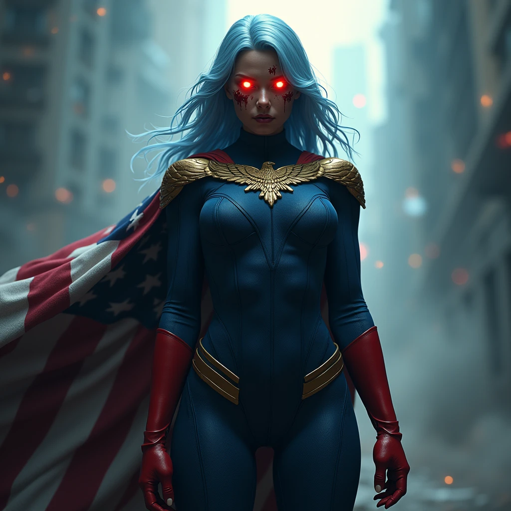 A powerful superhero character in a dramatic action pose, She has her hands behind her back. She wears a full dark blue, textured bodysuit with golden accent like eagles heads on her shoulders and wear red long gloves until her elbows. She have got long light blue hair, His eyes glow in intense red, illuminating the scene with bright light, large breast. She has a severe and stern expression. A large and imposing American flag cape billows behind her, adding a sense of movement to the scene. There are stains of blood on her face ,The atmosphere around her is misty, with beams of light piercing through the clouds, highlighting the figure in a heroic manner, photorealistic 