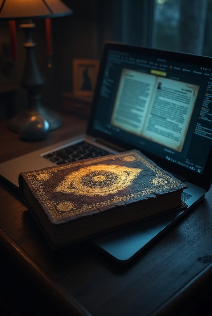 Bagwat geta book on laptop in low light