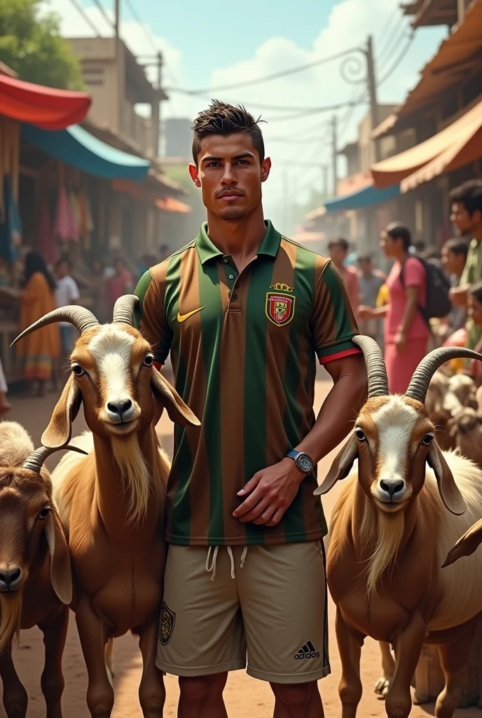 A bustling marketplace filled with livestock. Cristiano Ronaldo, wearing a brown and green striped polo shirt, stands amidst a group of goats, holding one by the neck. The scene is lively, with people in the background going about their activities, some wearing colorful attire. The setting is rustic, with makeshift stalls and a variety of animals around. The overall atmosphere is vibrant and energetic.
