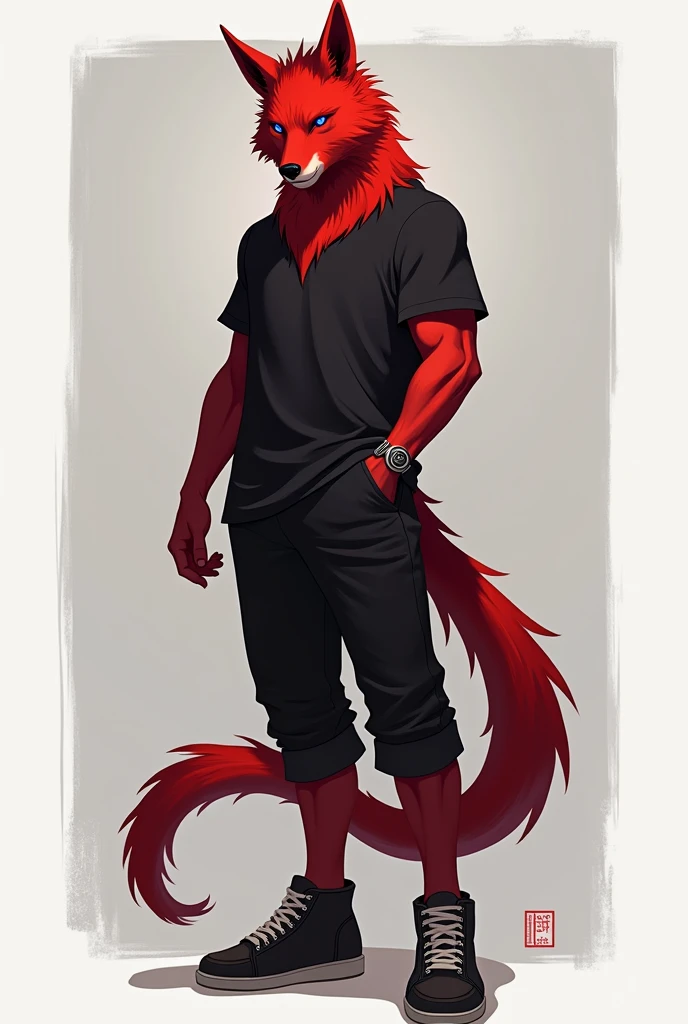 Wolf fur(Red color y negro), red devil's tail, ager(athletic), casual clothes(black color), musculino(teen), ram horns(Red color),Alone (Posing), Violet Wolf Eyes, delgado(skinny), man