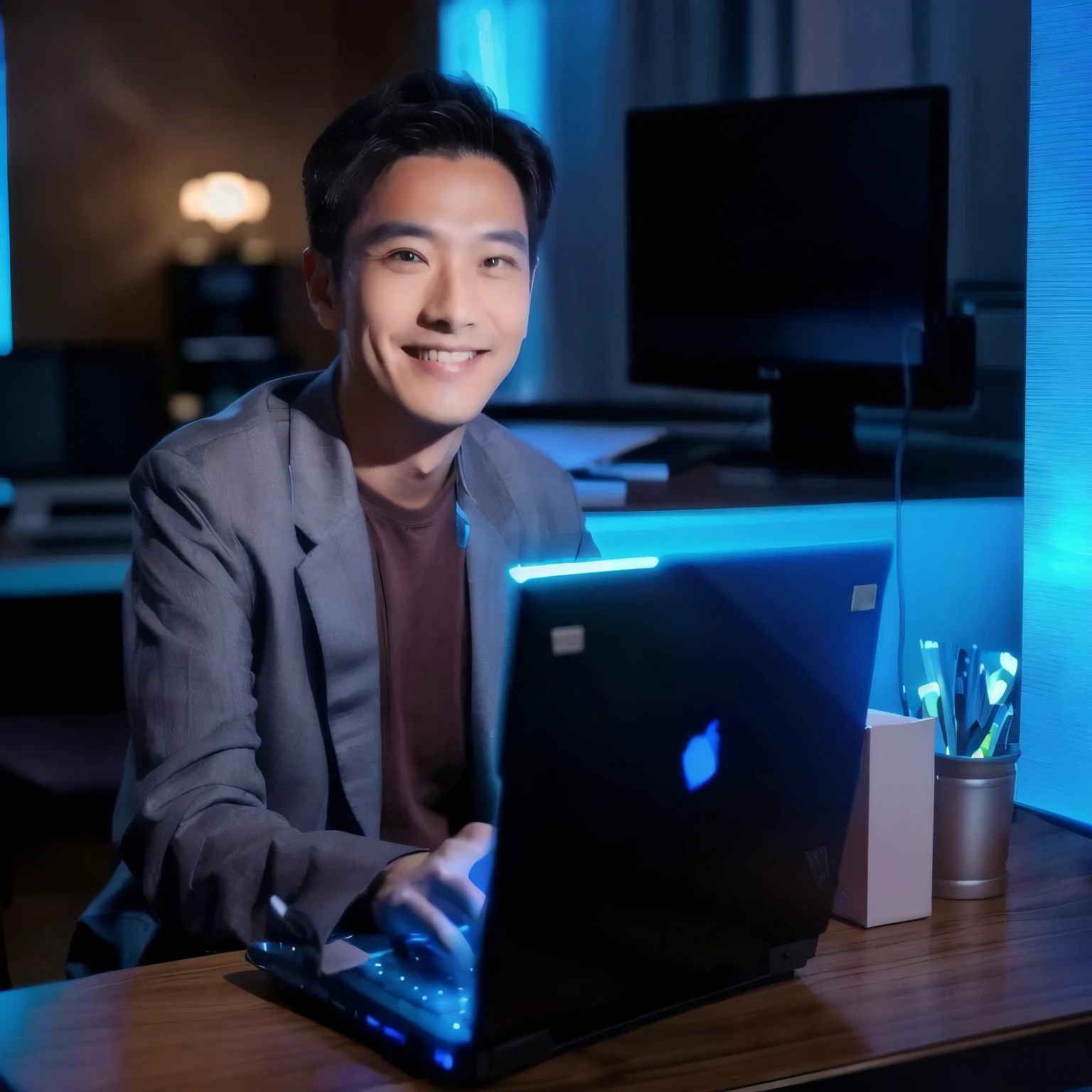 A smiling man in his 30s wearing a suit and sitting at a table with a laptop, Laptop on your lap, In front of the computer, Working on a laptop at a desk, Creative computer coder, sitting in front of a computer, sitting in front of a computer, Asian Man, Reddit post, Advanced Technology, Professional Profile Photo, sitting in front of a computer desk,looking at viewer