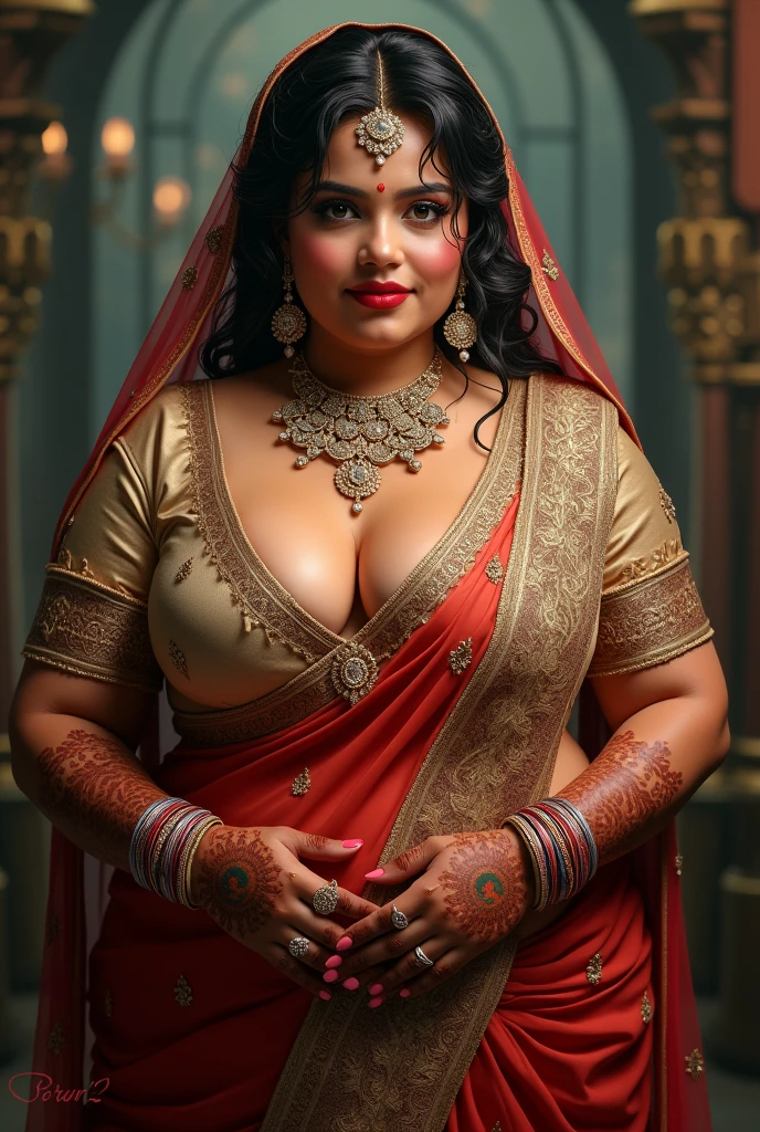 Full body picture, in MEHANDI HENNA TATTOO ON BOTH HANDS, Indian bride underarms, SHOWING HER ARMPITS, BBW ,In Veil , Wet curvy, busty Desi Mommy in saree and showing her big showing cleavage inside sleeveless blouse and Nose Ring, many bangles in both hands,Earings, Necklace ,Lipstick ,Navel,Indian, Chubby, showing her curves ,