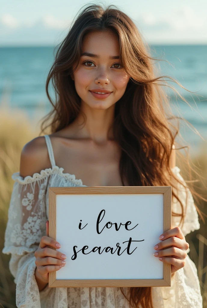 Beautiful girl with wavy long hair, bohemian dress, holding a white board with text "I Love Seaart Infinity" and showing it to the viewer