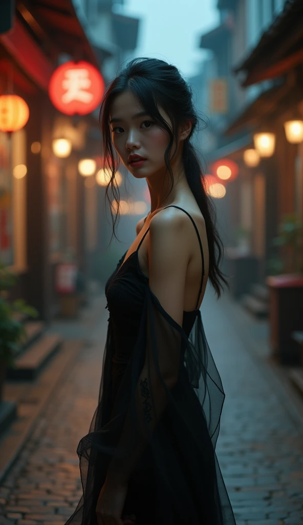 Realistic images with superb details, The beautiful spirit of an Asian woman, wearing a black dress, Transparent., Standing on a city street, The lights are dim at night.