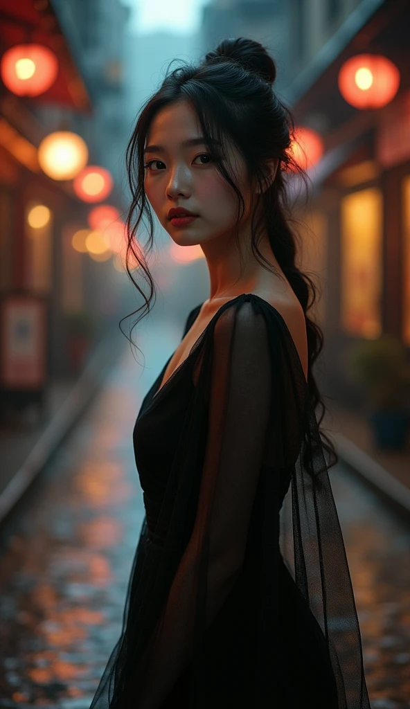 Realistic images with superb details, The beautiful spirit of an Asian woman, wearing a black dress, Transparent., Standing on a city street, The lights are dim at night.