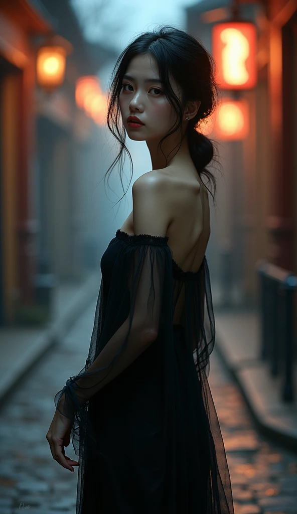 Realistic images with superb details, The beautiful spirit of an Asian woman, wearing a black dress, Transparent., Standing on a city street, The lights are dim at night.