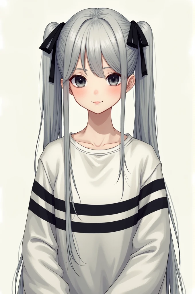 A pale-skinned character with white hair that fades to black at the ends, always wears feminine clothing, is , wears her hair in two ponytails held in place by black rubber bands, has straight hair, big black eyes, and always has a smile and an understanding look, naturally pink lips, a long-sleeved shirt with black and white stripes, is made of women's ink, her skin is almost white.