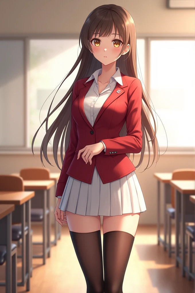 Ayanokouji Kiyotaka cambia and niña, Youkoso Jitsuryoku Shijo Shugi no Kyoushitsu e, Tomose Shunsaku, 1 girl, Alone, High resolution, dutch angle, very long hair, Brown hair, golden brown eyes, fringe, fringe partido, expressionless, Closed mouth, big breasts, neckline, clavicle, White shirt, Red school jacket, buttons, White pleated skirt, long transparent stockings, looking at the viewer, hand on waist, arm down, Standing, thigh gap, legs, classroom, long black stockings ,day full of light, desk, window , masterpiece, Best Quality, Best Quality, amazing, beautiful detailed eyes, finely detailed, depth of field, Extremely detailed CG unity 8k wallpaper, Whole body.
