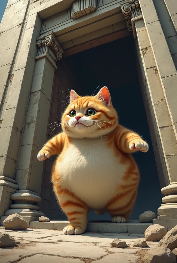 A chubby cat broke out a huge building