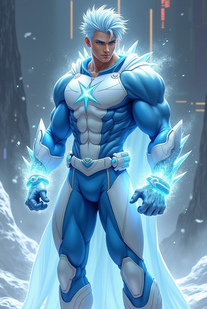 Full body photorealistic handsome hunky young slender futuristic male hero with messy powder blue hair wearing a white and iced blue costume and wristbands that can create snow and ice,,super Bulge.