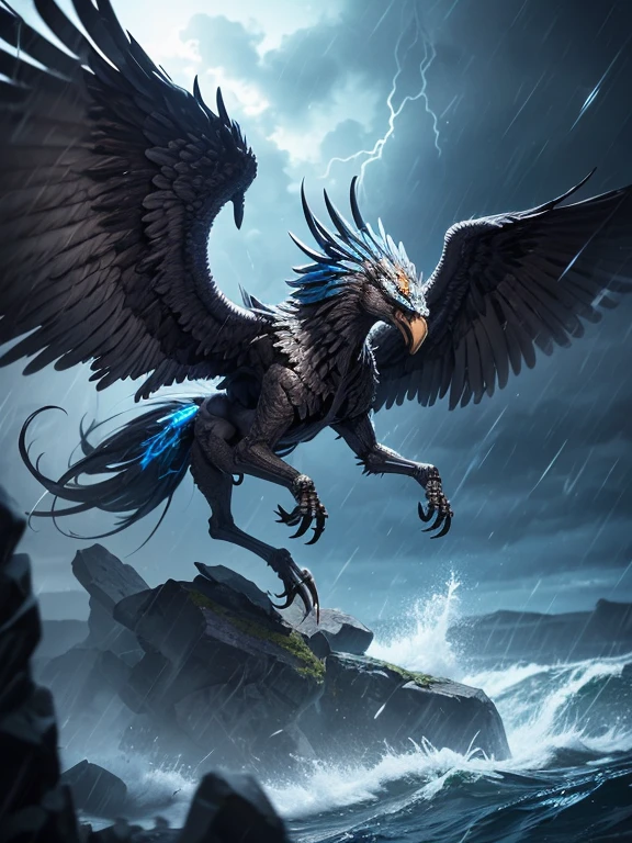 A Griffin,Mythological Griffin,Griffin skeleton, Glowing blue eyes,Glowing steel blue tail, Iron Claw, feathered wings, Bright colors, in the storm,Very detailed, Realistic photos