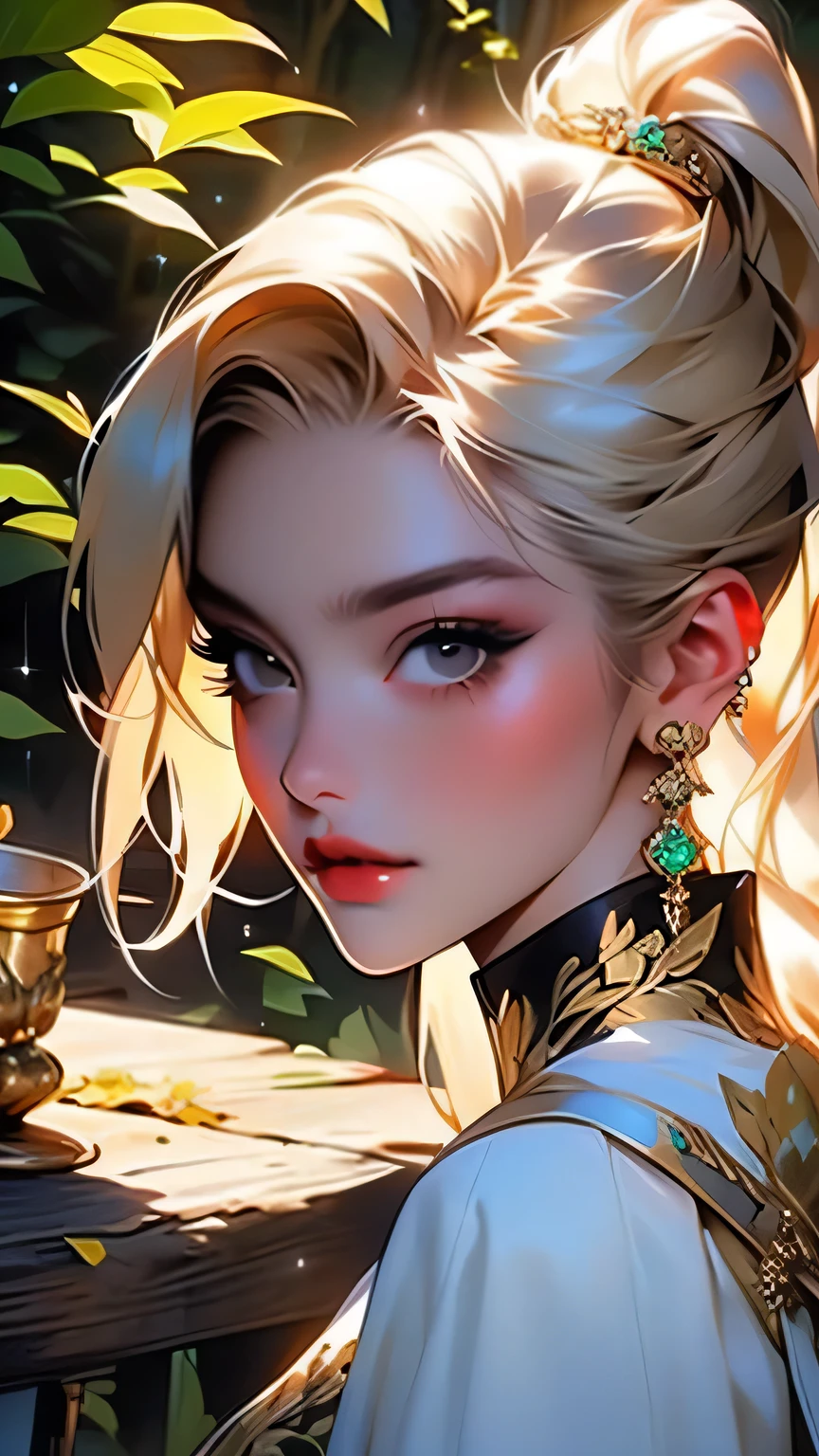 (((Face close-up)))、(((masterpiece, Highest quality, High resolution, Attention to detail)))), One, ((Fantasy)))), (A peerless beauty)))), (White short skirt with gold embroidery), (Long blonde ponytail:Dumpling1), (Shiny, dark black eyes), (Green surcoat with gold embroidery), big, (((at night forest)), (Many beautiful flowers are blooming)), Sit in a chair and look here , Particles of light flying、(((Face close-up)))、Face close-up