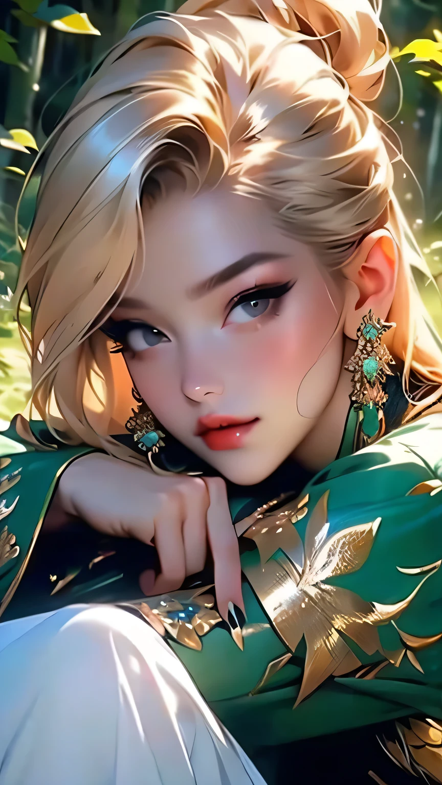 (((Face close-up)))、(((masterpiece, Highest quality, High resolution, Attention to detail)))), One, ((Fantasy)))), (A peerless beauty)))), (White short skirt with gold embroidery), (Long blonde ponytail:Dumpling1), (Shiny, dark black eyes), (Green surcoat with gold embroidery), big, (((at night forest)), (Many beautiful flowers are blooming)), Sit in a chair and look here , Particles of light flying、(((Face close-up)))、Face close-up