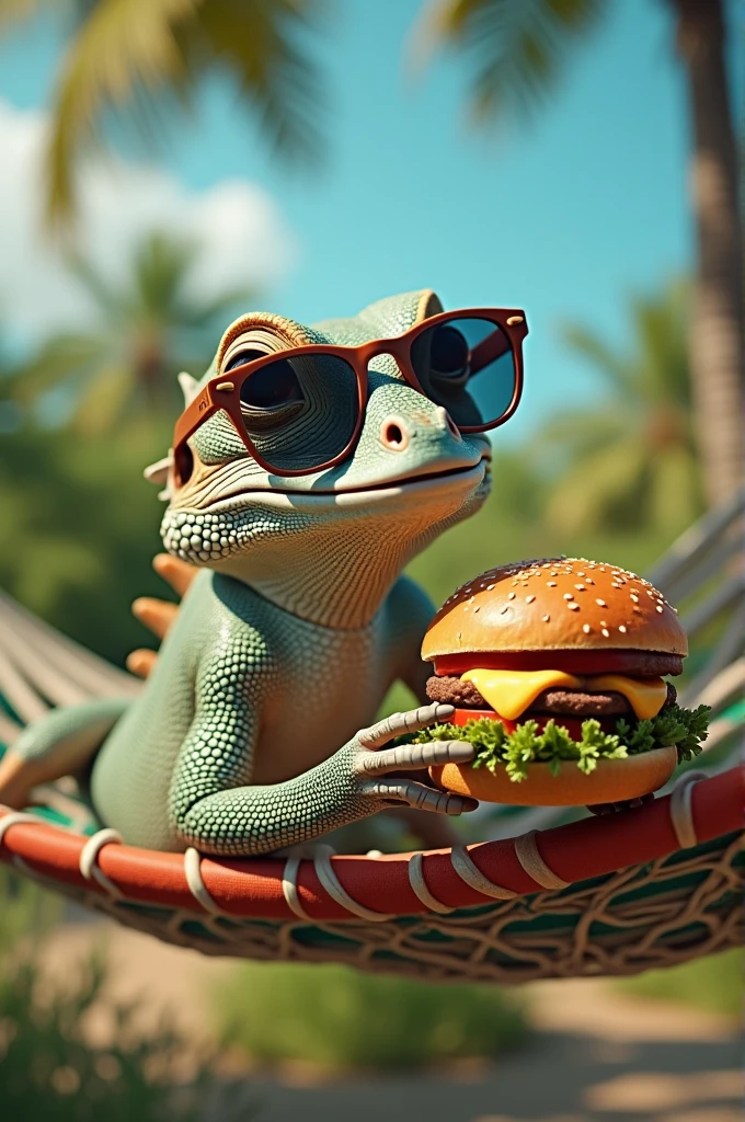 A lizard wearing sunglasses lying in a hammock eating a hamburger