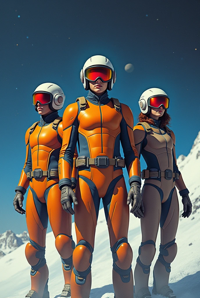 Two men and one woman, on a movie poster wearing ski goggles,  set in space, each one has armor on, 80s style, 35mm film