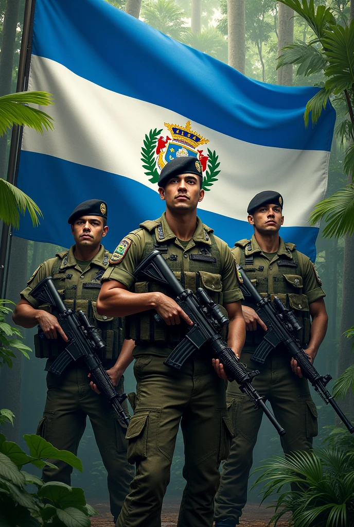 Three 1s, Fluff, standing, with jungle leaf camouflage uniform, black beret tilted on his head and rifle in his hand, Flag of El Salvador in the background, displaying its three horizontal stripes: cerulean, branco e cerulean. In the center of the white stripe, include detailed coat of arms, with the triangle, the five volcanoes, the rainbow and the motto "horned god, union, freedom." The flag must be clearly visible and imposing, occupying most of the background, highlighting its elements