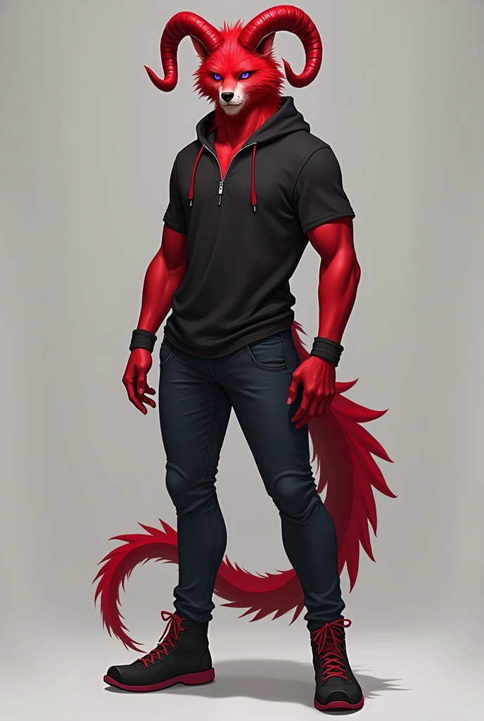 Wolf fur(Red color y negro), red devil's tail, teenager(athletic), casual clothes(black color), musculino(teenager), ram horns(Red color),Alone (Posing), Violet Wolf Eyes, delgado(skinny), man