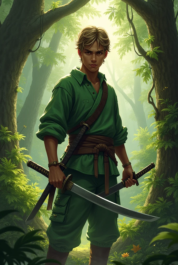 Born in the bay Dark skin Honey brown eyes Brown hair with blonde highlights Green clothes Wielding a katana And a daggers Serious personality He's in a forest