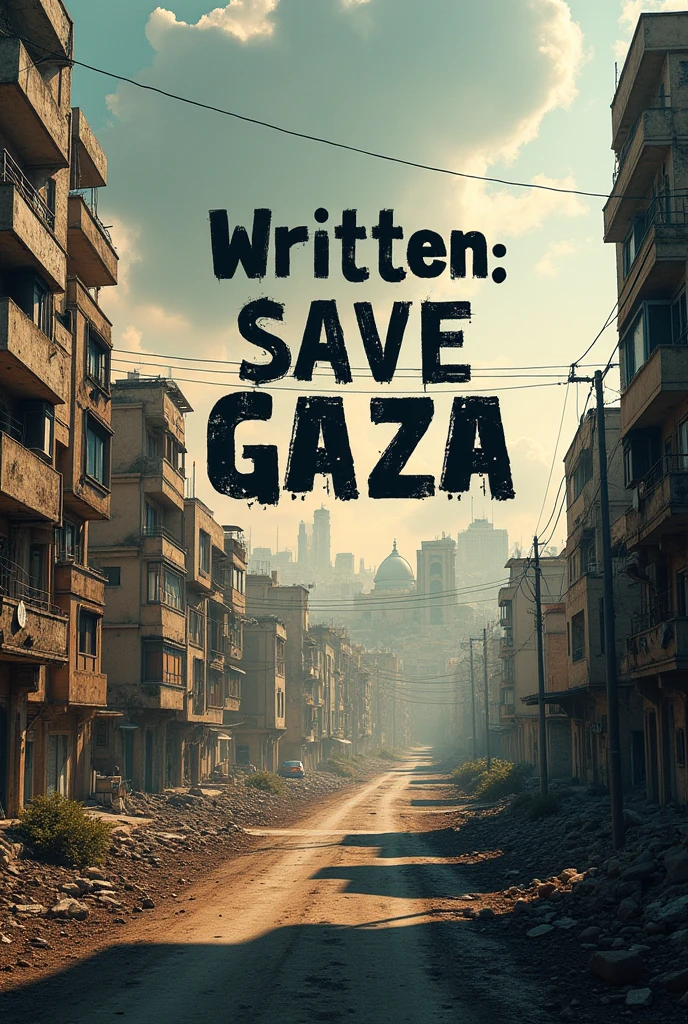 Written Save Gaza with buildings
