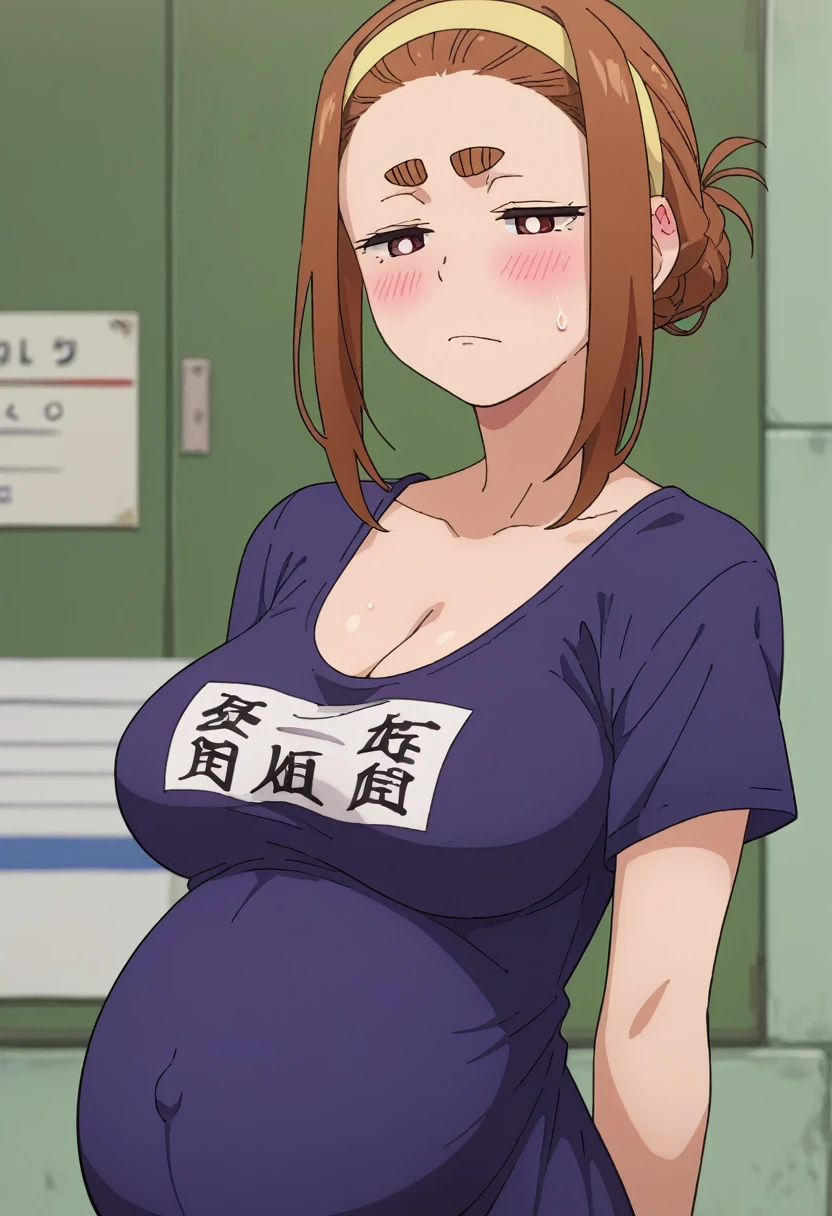 score_9,score_8_Excellent,score_7_Excellent,score_6_Excellent,sauce_anime,Sumireko Ogawa,、Maxi Dresses、T-Shirt Dresses、One Girl, alone, blush, single hair band,  View your audience, Large Breasts,Cleavage、 Thick eyebrows, Bedroom:1.5、Are standing、Half-closed eyes、Sweat、Pregnant women