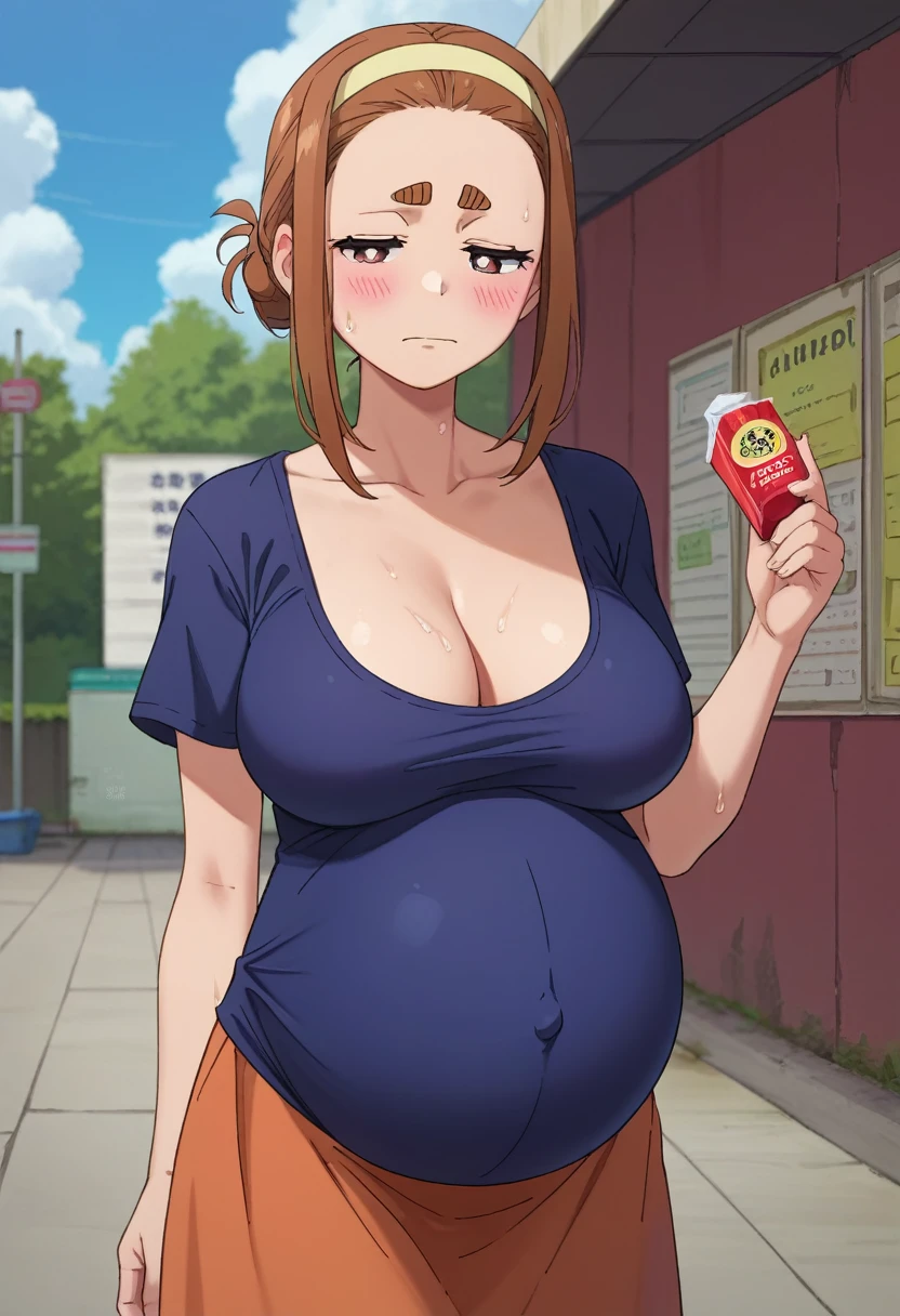 score_9,score_8_Excellent,score_7_Excellent,score_6_Excellent,sauce_anime,Sumireko Ogawa,、Maxi Dresses、T-Shirt Dresses、One Girl, alone, blush, single hair band, View your audience, Large Breasts,Cleavage、 Thick eyebrows, Bedroom:1.5、Are standing、Half-closed eyes、Sweat、Pregnant women