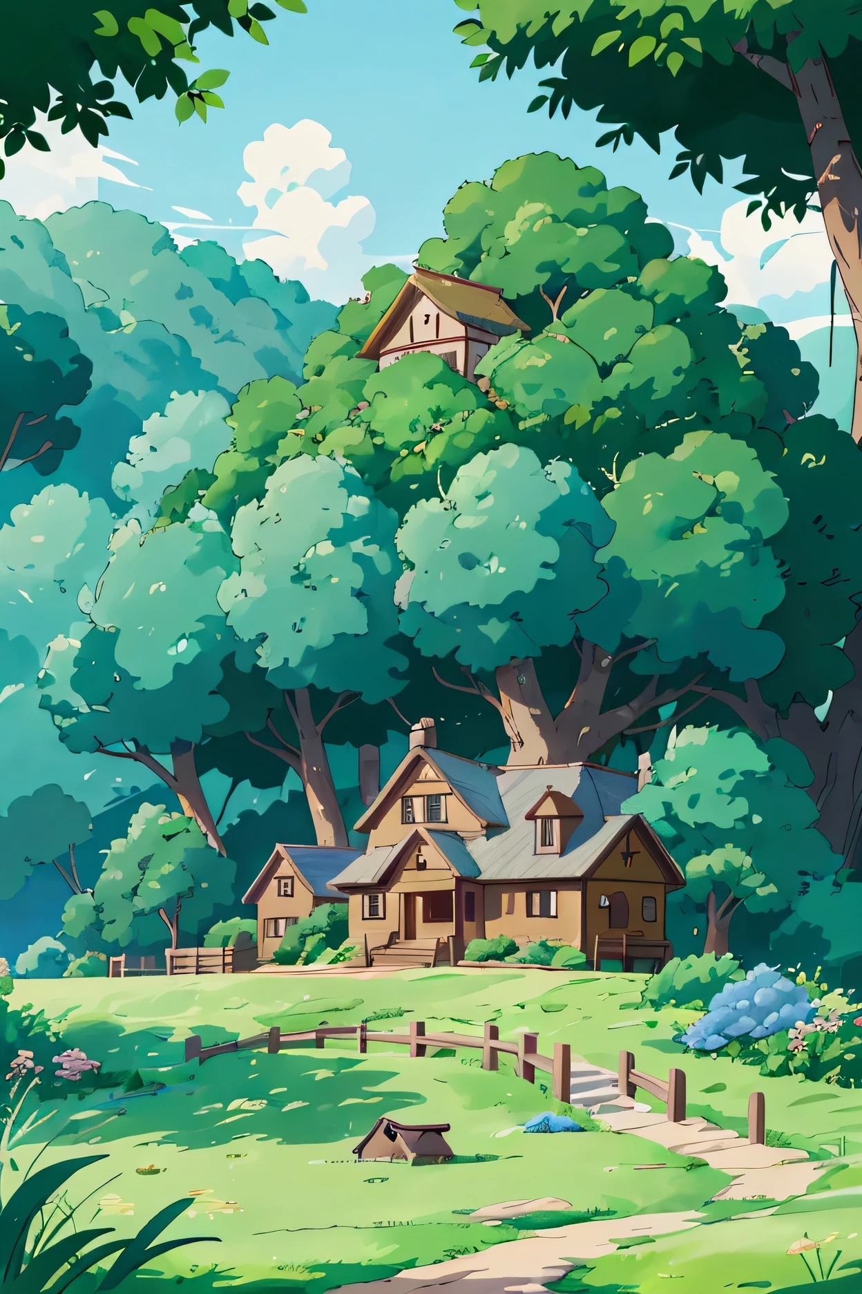 a grassy hill with a wooden fence on top of it, cinematic studio ghibli still, studio ghibli movie still, anime countryside landscape, from the studio ghibli film, studio ghibli anime screenshot, studio ghibli landscape, studio ghibli smooth concept art, studio ghibli environment, still from studio ghibli, style of hayao miyazaki, in the studio ghibli anime film, studio ghibli sunlight, 4k hd,, beautiful art uhd 4 k, a beautiful artwork illustration, beautiful digital painting, highly detailed digital painting, beautiful digital artwork, detailed painting 4 k, very detailed digital painting, rich picturesque colors, gorgeous digital painting