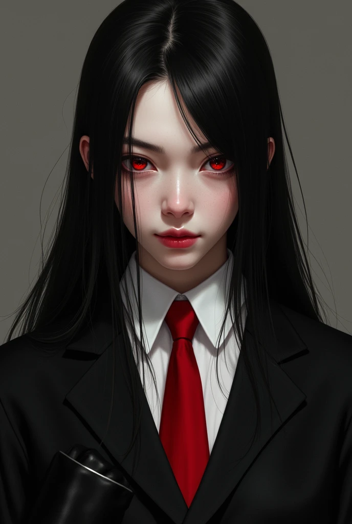 young with red eyes, from the Ventrue clan wearing a black suit, white dress blouse, red tie and black gloves. long straight black hair. realistic image