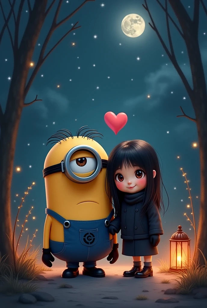 Minion with short girlfriend in night with heart and wearing black clothes