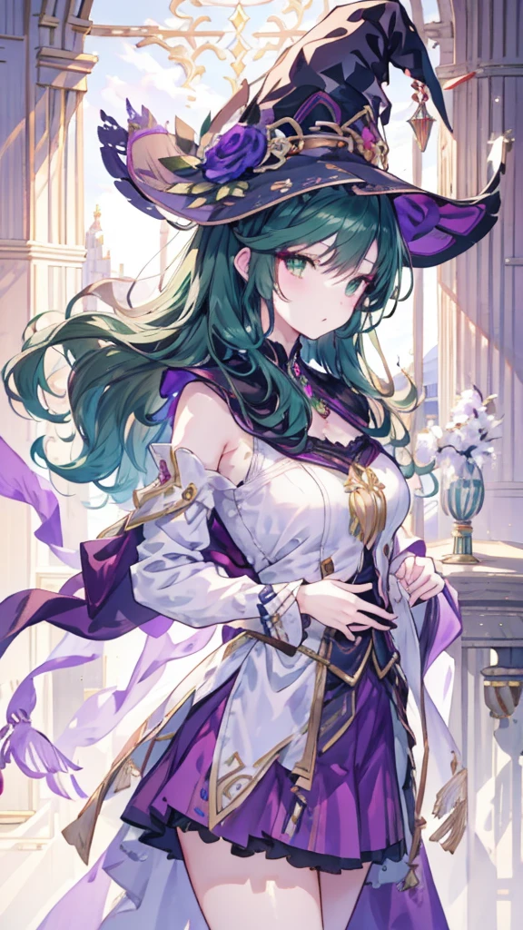 A beautiful girl, Perfect face, Keep your arms at your sides, masterpiece, Ultra-high resolution, high quality, 4K, Upper Body:1.5,  Lisa (Genshin Impact), urple witch hat, Green Eyes, Brown hair, (Pure face_v1:0.008), (European:1.6), Bangs, skirt, Rose, Jewelry, witch, shawl, Purple headdress, Black Gloves, Purple flowers, Hair between the eyes, purple Rose, Open your mouth, purple shawl, Hat Flower, multicolored skirt, Hair accessories,  windmill, from the side,