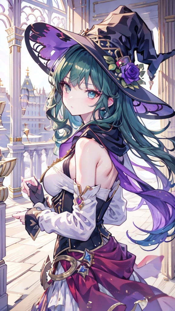A beautiful girl, Perfect face, Keep your arms at your sides, masterpiece, Ultra-high resolution, high quality, 4K, Upper Body:1.5, Lisa (Genshin Impact), urple witch hat, Green Eyes, Brown hair, (Pure face_v1:0.008), (European:1.6), Bangs, skirt, Rose, Jewelry, witch, shawl, Purple headdress, Black Gloves, Purple flowers, Hair between the eyes, purple Rose, Open your mouth, purple shawl, Hat Flower, multicolored skirt, Hair accessories, windmill, from the side,