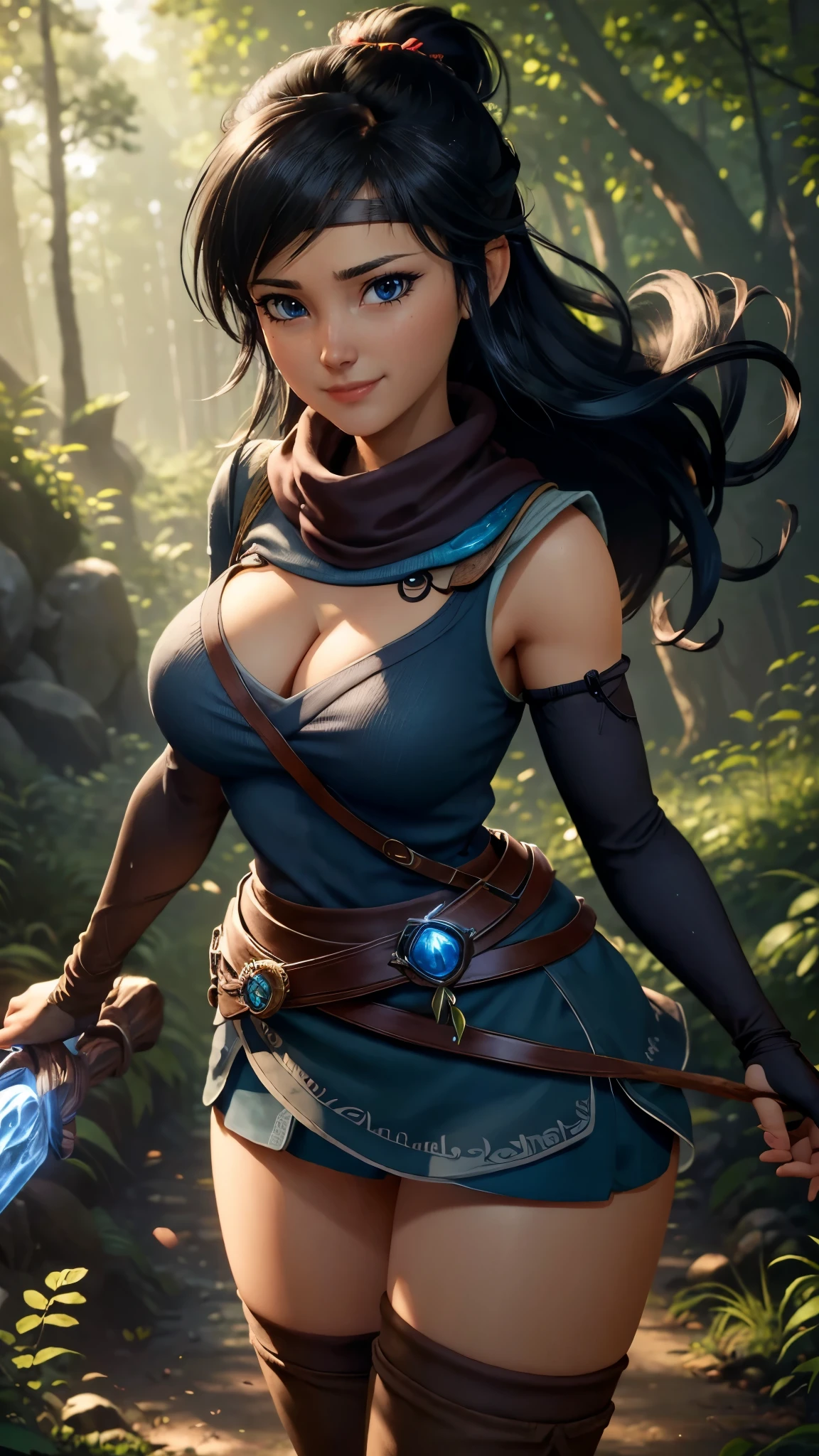Kena da bridge of spirits,(best qualityer,4K,8k,high resolution,work of art:1.2)(weather: windy), cowboy shot,spirit forest background, long hair, tight skirt, thigh high stockings, magic scepter, headband,gloves,ultra detailed,realisitic,portraite,beautiful detailed blue eyes,beautiful detailed lips,extremely detailed eye and face, long eyelashes,sexly,average, large breasts, cleavage,flying hair,beaming smile,powerful girl in a forest, sexy pose,stunning curves,bright coloured,dramatic lighting,composition,
