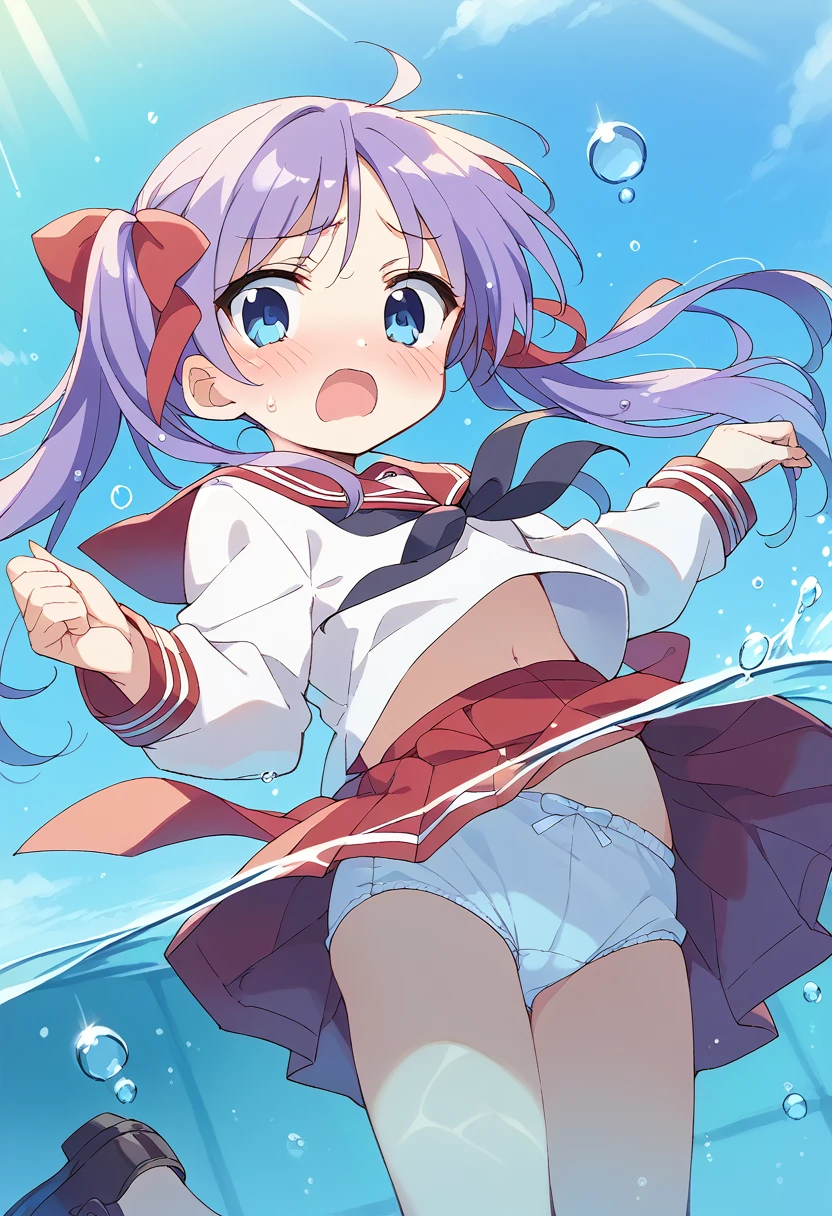 score_9, score_8_up, score_7_up, source_アニメ, masterpiece, rating_safe, solo, Kagami Hiiragi, 1girl, 独奏, twintails, hair ribbon, Blue eyes, serafuku, red skirt, (upskirt:1.4), red sailor collar, shoes, cute、(White underwear)、blush, indoor, View your viewers, cowboy shot, indoor, Shiny Hair, bottomless, various posture, indoor, Open your mouth, Drowning in the pool、Bubbles from underwater, Water Play, blush、Watery eye、Lots of water、Wet、(The skirt floats on the water)、drowning、Partially underwater,