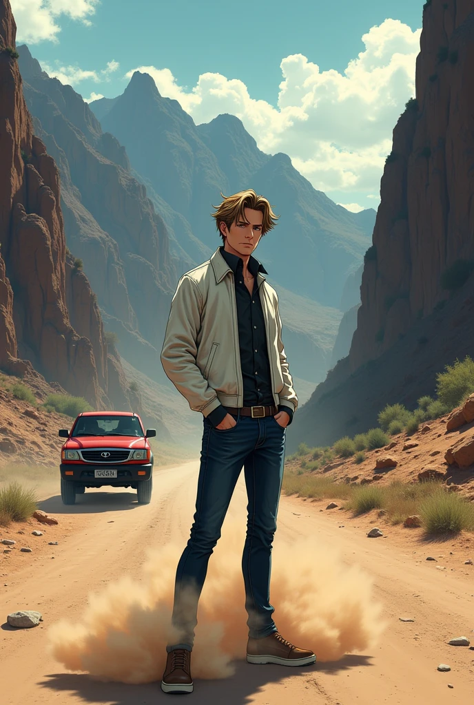 The image is anime style cowboy bebop and Darker than black with shadows and dim lights, anime style although somewhat adult and dark, It shows a single adult male aged 28, light brown hair and brown eyes, wearing a white jacket in the middle of a dirt country road, Behind him you can see a red Toyota Hylux pickup truck and mountains in the distance, as well as an abyss on its right side. A small sandstorm rises at his feet.