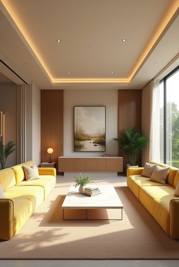 Professional 3d architecture rendering design of modern and minimal relax room with light lemon colour modern velvet 2 Florence sofa and white stone marble table modern and modern ceiling lighting and elegant ceiling lighting and light wooden consulate and modern ceiling lighting and elegant wall painting and elegant accessories and elegant green space and beautiful wall painting and modern windows and beautiful curtains and warm color for carpet and beautiful relax room