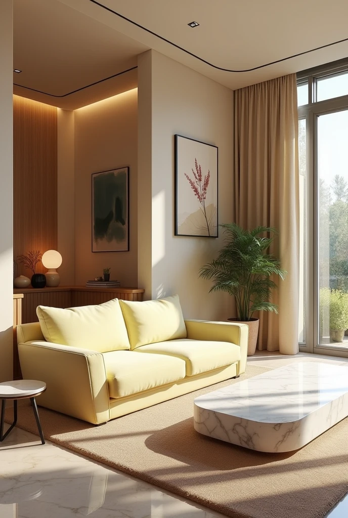 Professional 3d architecture rendering design of modern and minimal  relax room with  light lemon colour modern velvet  2 Florence sofa  and  white stone marble table  modern  and modern ceiling lighting and elegant ceiling lighting and  light wooden consulate  and modern ceiling lighting and elegant wall painting  and elegant accessories and elegant green space and beautiful wall painting and modern windows and beautiful curtains and warm color for carpet and beautiful relax room 