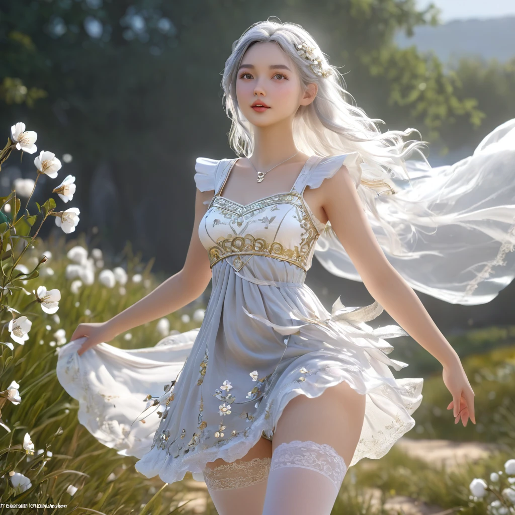 (Highly detailed CG Octane render 8k wallpaper),  Girls Underwear, You can see real bloomers made from cotton fabric.., With panniers, Medieval Translucent Dress, Fabric Realism, Low - Angle,  Pull up the dress by hand, Strong winds, Translucent slip, Translucent slip, tights, Highest quality, whole body, I can see your thighs, Silver and gold embroidery, The dress is also embroidered.