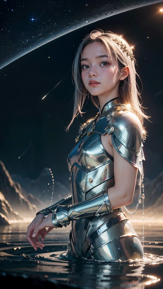 best quality, Masterpiece, realistic, 1 girl, goddess, tangle [Update|hanging] hair, (full body:0.6), alone, (full body:0.6), looking down, Detailed background, detailed face, SC.3 May.4, Sci-fi theme:1.1), Mercury-Wizard, mournful, Surrounded by iridescent silver waves, alchemical images, reflection, silver liquid, metallic sheen, shine, dynamic gesture, fluid movement, floating particles, Drops of mercury, flowing metal, mixed with mercury, Foreign planets in the background, Formation of mercury drops, Volumetric light, Atmosphere in the movie theater, sharp details, Highly detailed skin, realistic skin texture, perfect eyes
