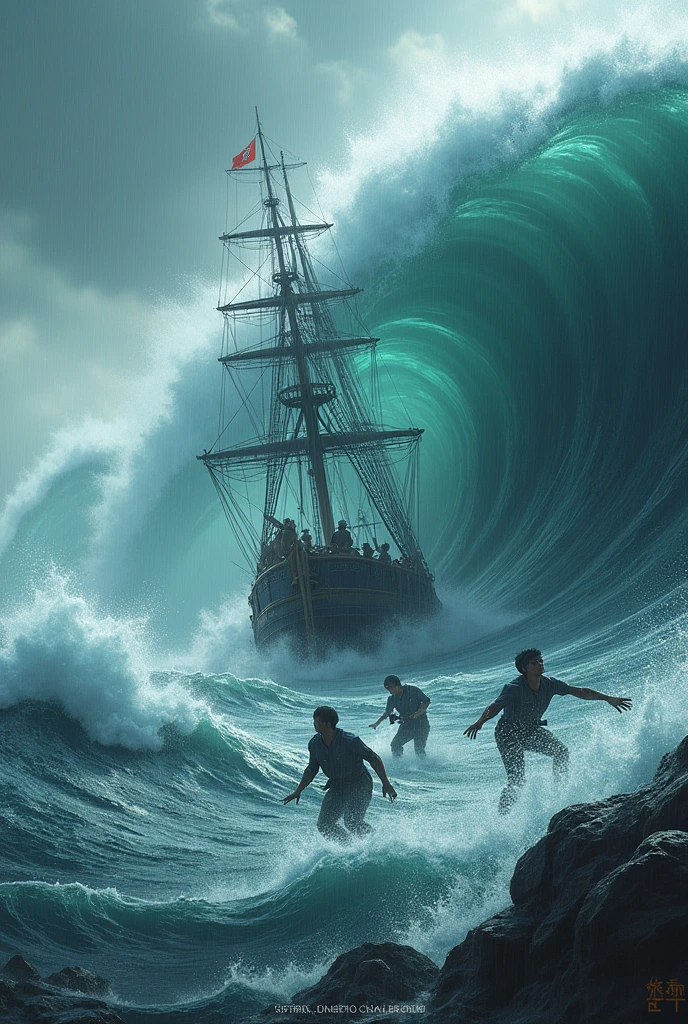 Korean Ship Edo Period typhoon Big Wave Subversion A close-up of the moment several Korean sailors were thrown into the sea and drowned Dramatically Dramatically sense of distance Thrillingly