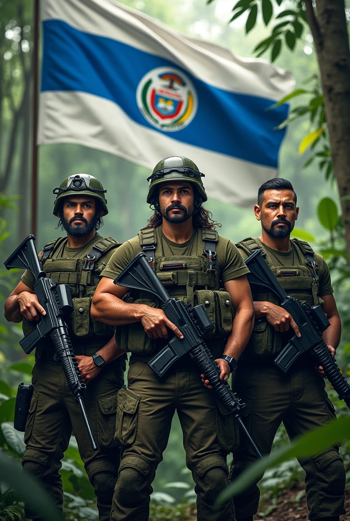 Three 1s, mustache and goatee, standing, with jungle leaf camouflage uniform, black beret tilted on his head and rifle in his hand, Flag of El Salvador in the background, displaying its three horizontal stripes: cerulean, branco e cerulean. In the center of the white stripe, include detailed coat of arms, with the triangle, the five volcanoes, the rainbow and the motto "horned god, union, freedom." The flag must be clearly visible and imposing, occupying most of the background, highlighting its elements