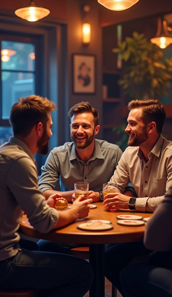 Three male friend club setting on table 2 friend drink alcohol one friend drink juice