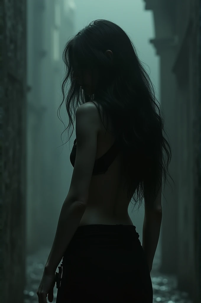Long Haired woman back side with a knife in her side
