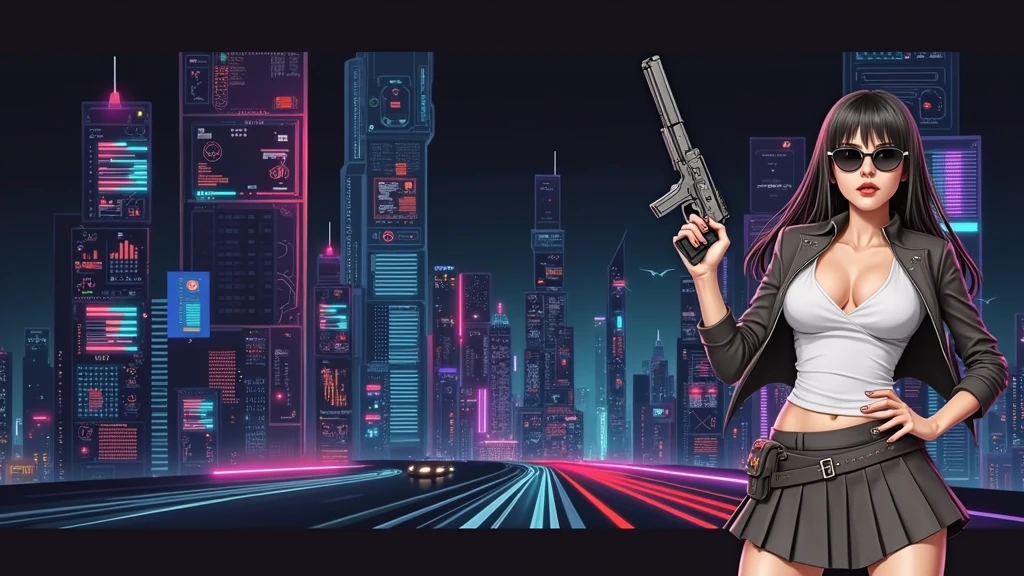 Futuristic cityscapes with colorful all-glass outlined towering skyscrapers with lightning, flying vehicle. High-resolution OLED GUI interfaces in the building, The windows are filled with transparent data visualization infographics that show it all, from weather patterns to traffic flow. Colors are saturated and vibrant. At night, (1girl, solo, alone), photorealistic, large-breast slim:0.6 body, oval:0.5 face, cleavage:1.1, very low angle view of pleated miniskirt, deep-v, (upskirt), glove, (Matrix style black micro sunglasses), (aiming viewer with a short gun), dynamic running pose, (half-body thigh level close-up shot), cinematic lighting, ray tracing, motion blur background.