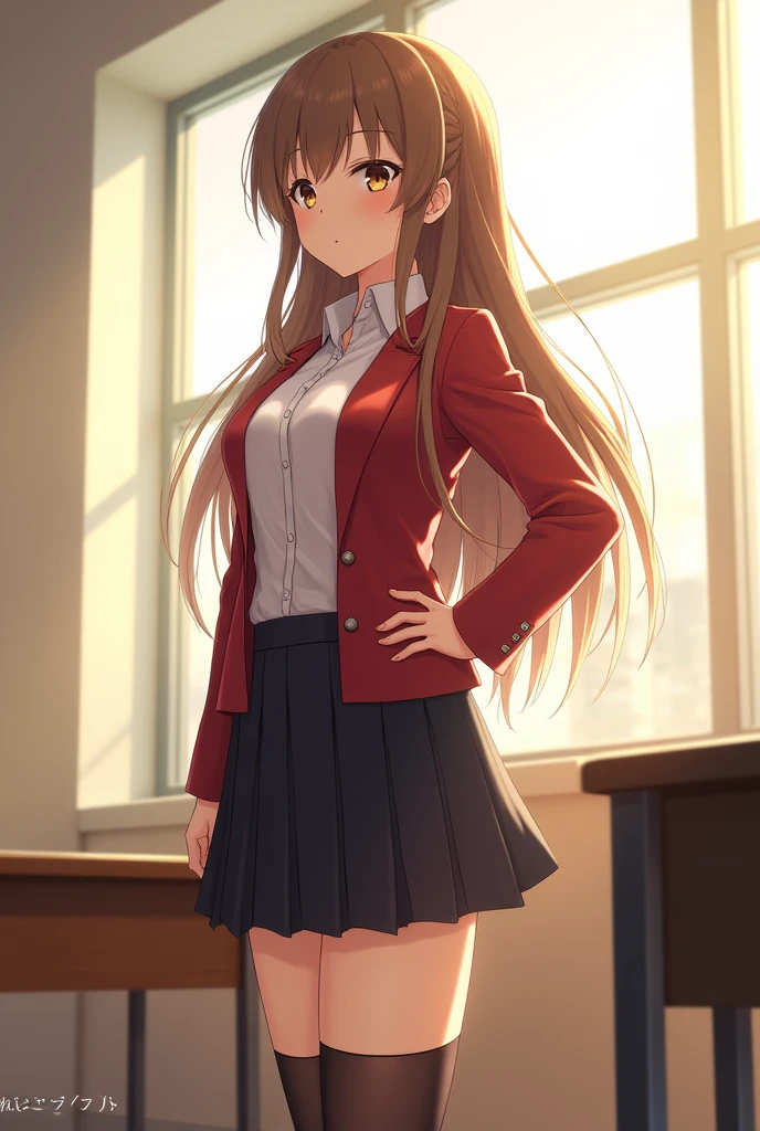 Ayanokouji Kiyotaka cambia and niña, Youkoso Jitsuryoku Shijo Shugi no Kyoushitsu e, Tomose Shunsaku, 1 girl, Alone, High resolution, dutch angle, very long hair, Brown hair, golden brown eyes, fringe, fringe partido, expressionless, Closed mouth, big breasts, neckline, clavicle, White shirt, Red school jacket, buttons, White pleated skirt, black sheer long socks, looking at the viewer, Arm on waist, Standing, thigh gap, legs, classroom, day full of light, desk, window, masterpiece , Best Quality, Best Quality, amazing, beautiful detailed eyes, finely detailed, depth of field, Extremely detailed CG unity 8k wallpaper, Whole body.