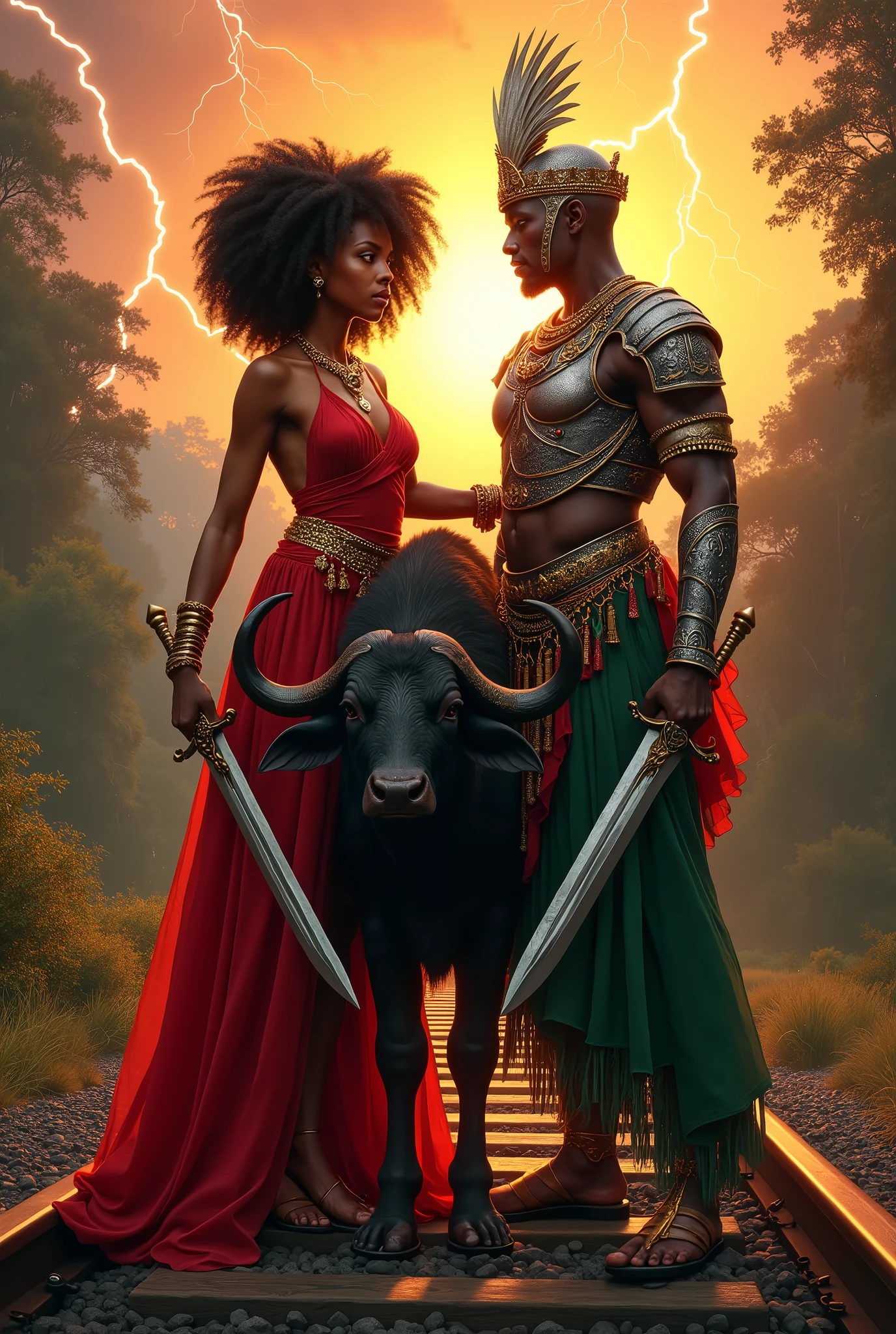 a female goddess of African ethnicity with black, curly hair, wearing a red dress, with a Golden Crown on his head, copper bracelet and neck jewelry, leaning on a standing buffalo, In one hand the woman holds a sword whose blade is shaped like a lightning bolt, the sword is made of silver. On the right side of this woman, there is an old train track on the ground and on it, There is a god of African ethnicity wearing Greek-style armor in silver color, wearing a green and red gown underneath, on his head he wears a Roman helmet in green and red colors, he holds a mystical silver sword in one hand and a mystical silver shield in the other hand. man has parts without melanin in his skin. The scene takes place in a forest biome and in the background the sun sets but you can see lightning falling from the sky..
