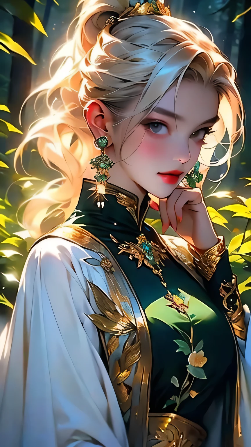 (((Upper body portrait)))、(((masterpiece, Highest quality, High resolution, Attention to detail)))), One, ((Fantasy)))), (A peerless beauty)))), (White short skirt with gold embroidery), (Long blonde ponytail:Dumpling1), (Shiny, dark black eyes), (Green surcoat with gold embroidery), big, (((at night forest)), (Many beautiful flowers are blooming)), Sit in a chair and look here , Particles of light flying、(((Upper body portrait)))、